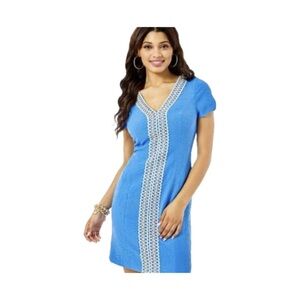 NWT LILLY PULITZER ARIE BENNET BLUE PALM PARADISE PUCKER JACQUARD DRESS 8